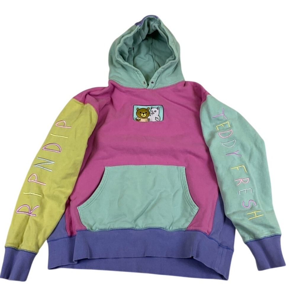 Ripndip x Teddy Fresh Colorblock Hoodie Unisex Pink Green Purple Yellow Cotton L